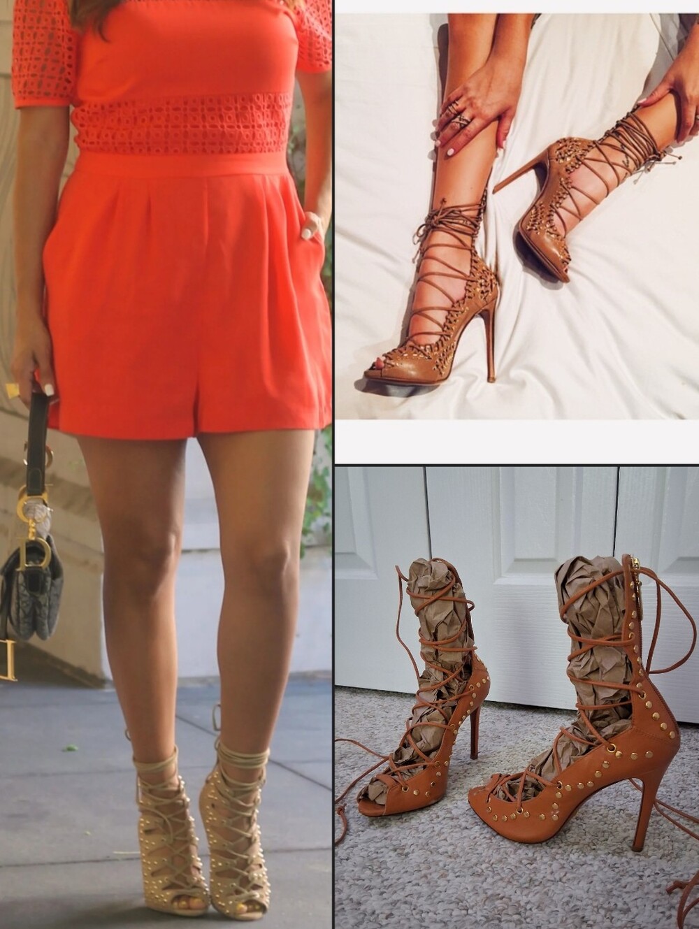 SHUTZ Genuine Leather Brown Studded Lace-Up High Heels